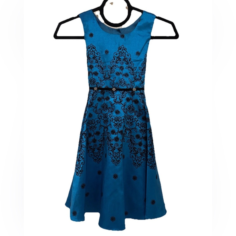 Girl’s Black Velvet Burnout Satin Flocked Blue Dress. Fairycore Kidcore Size 6
